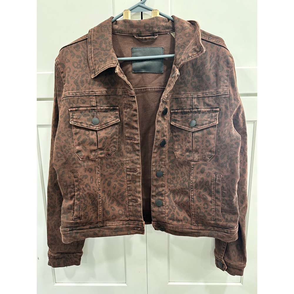 Dear John Brown Leopard Print Denim Trucker Jacket Womens Small Stretch Cotton